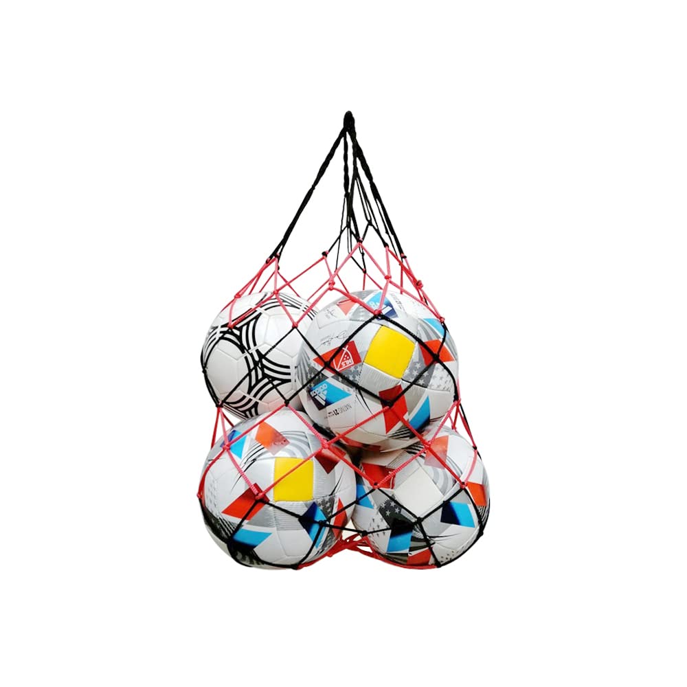 Owasi Basketball Net Bag Soccer Football Storage Sports Ball Holder Nylon Carry String Bag Durable 1 4 6 10 Balls (Black/Red, Upto 4 Balls)