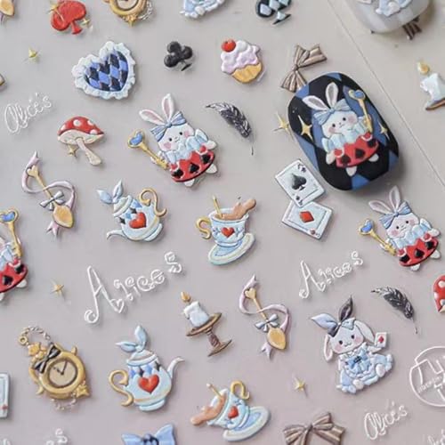 Image of Rabbit Nail Art Stickers Blue Nail Decals Cartoon Nail Stickers for Nails Art Self Adhesive 5D Embossed with Design Easter Nails Charm for Women Manicure Supplies