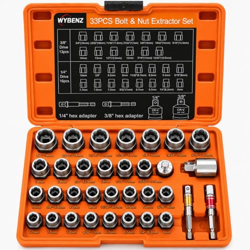 Image of 33 PCS Bolt Extractor Set, 3 /8 inch & 1 /4 inch Drive Impact Bolt & Lug Nut Remover | Easy Out Bolt Extractor Kit, Screw Extractor Kit, Bolt Remover For Broken, Damaged, Frozen, Stripped Bolts,Studs and Nuts