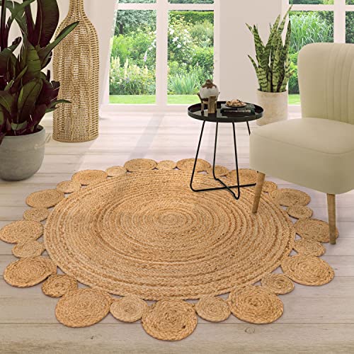 TT Home Alfombra Yute Habitación Salon Dormitoro Redonda Etnica Boho Chic A Mano, Color:Naturaleza, Tamaño:80 cm Rund