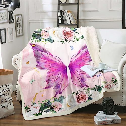Erosebridal Purple Butterfly Blanket Pink Golden Marble Throw Blanket for Girls Women Romantic Theme Fleece Blanket Colorful Flowers Print Fuzzy Blanket Cute Insect Butterfly Sherpa Blanket