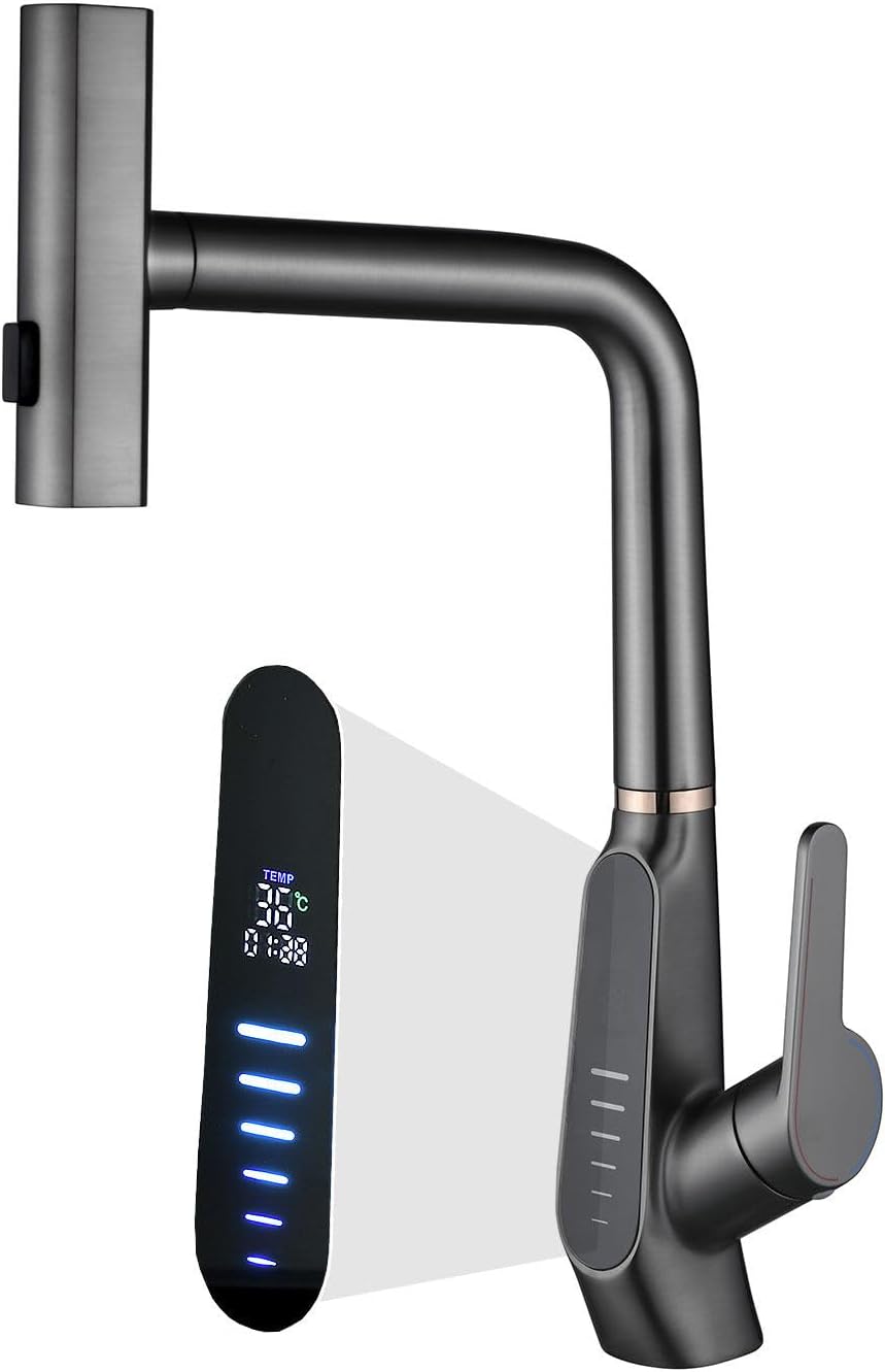 BEITH Waterfall Kitchen Sink Faucet with Pull Out Sprayer, 3 Modes Kitchen Sink Mixer Taps, 360° Rotation, Digital Display, Single Lever Kitchen Tap, 59A Copper, Anti-Corrosion, Durable (Gun Grey) Gun Gray