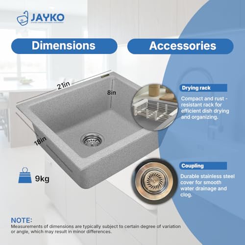 Image of JAYKO Quartz Acrylic Kitchen Sink for Modular Kitchen | Granite Finish, Scratch & Heat Resistant | Easy to Clean & Stylish Sink for Home (BR, 21x18in)