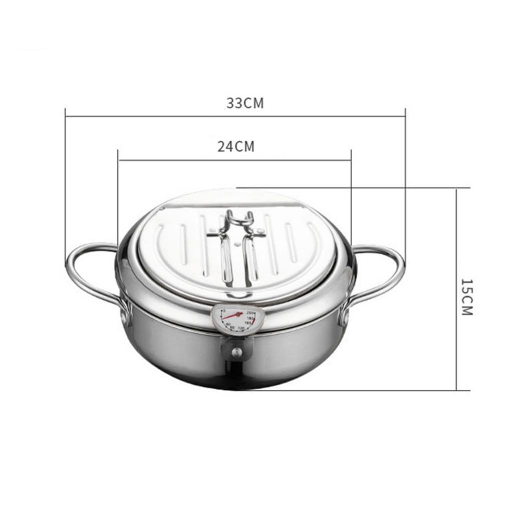 Olla Freidora Japonesa con Desmontable Filtro de Aceite Reutilizable Tapa Giratoria y Estructura Resistente Adecuada para Pollo Pescado, Plata 24cm y Clip, Individual
