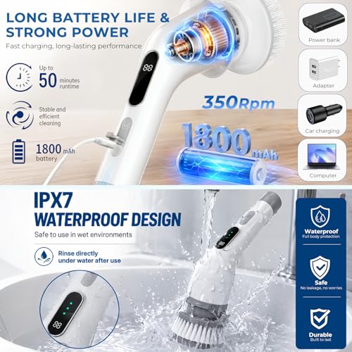 Brosse Nettoyage Electrique Rotative, Brosse Electrique Nettoyage avec 9 Têtes Interchangeables, Manche Réglable, IPX7 Étanche, 3 Vitesses, Electric Spin Scrubber pour Salle de Bain, Cuisine, Voiture – vue 7