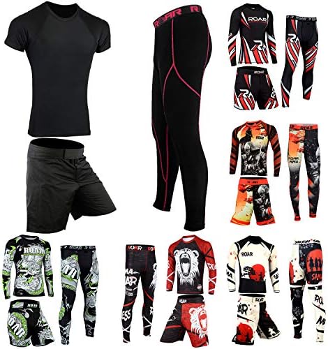 ROAR MMA Rash Guard & BJJ Shorts Set Mens Women Fight Wear Kids Grappling Training (Simple-Black-3Pcs, Medium)