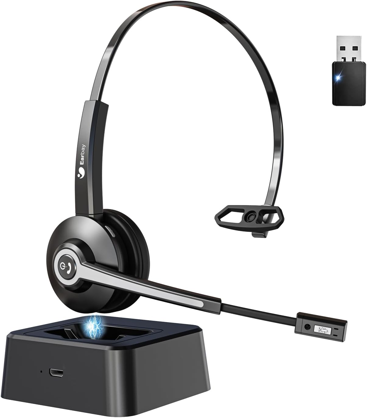 Wireless Headset with Mic for Work, Trucker Bluetooth Headset with Microphone Noise Canceling & USB Dongle, Wireless Headphones with Mic Mute & Charging Base for Work/PC Computer/Phones/Office/Meeting