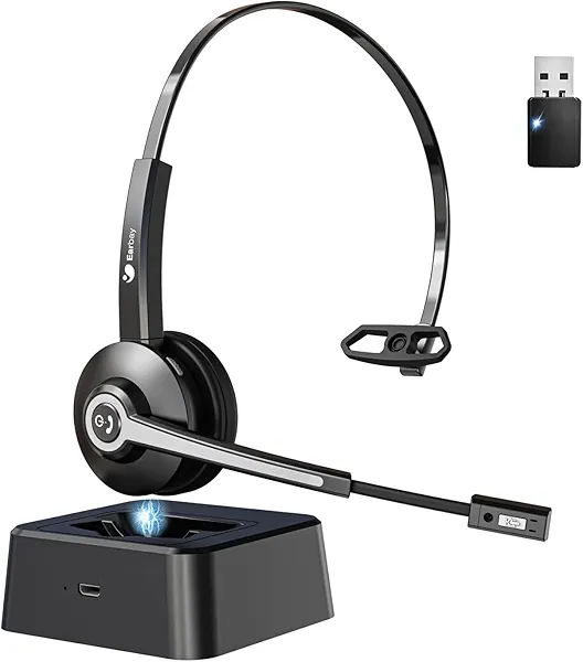 Wireless Headset with Mic for Work, Trucker Bluetooth Headset with Microphone Noise Canceling & USB Dongle, Wireless Headphones with Mic Mute & Charging Base for Work/PC Computer/Phones/Office/Meeting