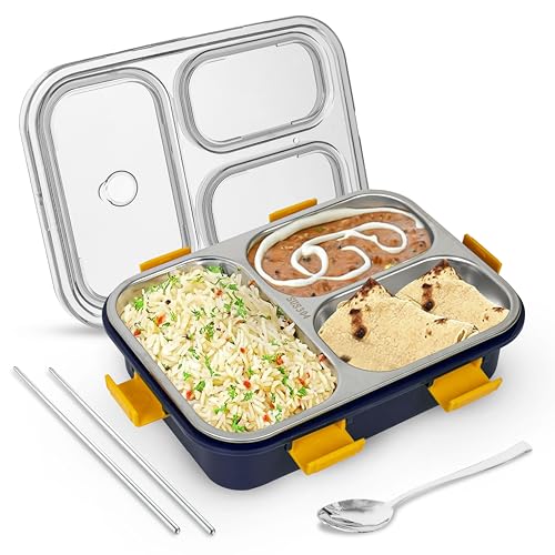 Image of TEKCOOL Lunch Box for Adults - Lunch Box for Kids - with Spoon & Fork - Stainless Steel Lunch Box with 3 Compartment - Durable Perfect Size for On-The-Go Meal, BPA-Free