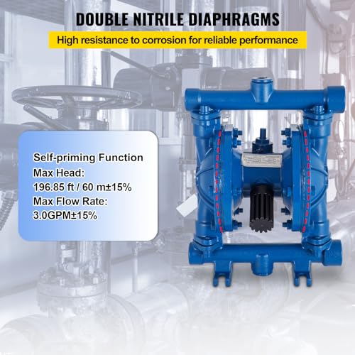 Image of VEVOR Air-Operated Double Diaphragm Pump, 1 /2 in Inlet & Outlet, Cast Iron Body, 8.8 GPM & Max 120PSI, Nitrile Diaphragm Pneumatic Transfer Pump for Petroleum, Diesel, Oil & Low Viscosity Fluids
