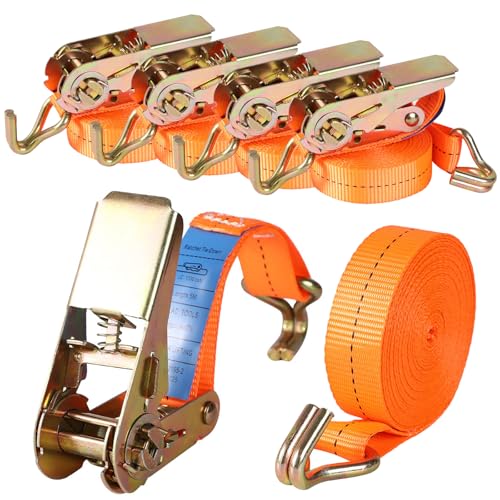 4 Pack Ratchet Straps, Tie Down Straps with Hook Ratchet - 4 m 1000 kg 1T Two-Part 25 mm, Lashing Strap for Load Securing Car Motorcycles Outdoor (Orange)