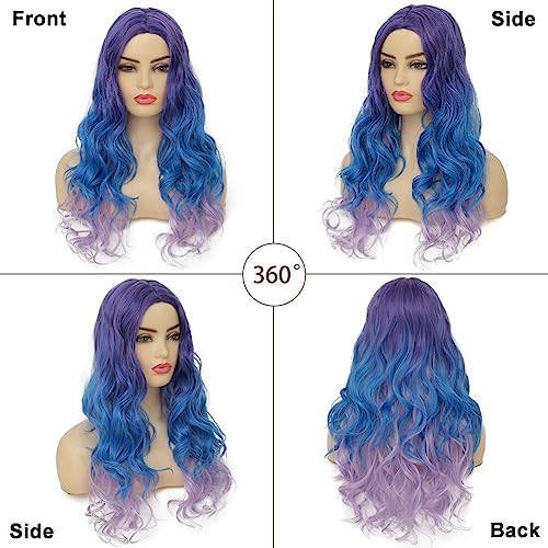Image of Swiking Purple Long Curly Ombre Wigs for Women Purple Mixed Blue Wavy Synthetic Hair Colorful Cosplay Halloween Costume Wigs
