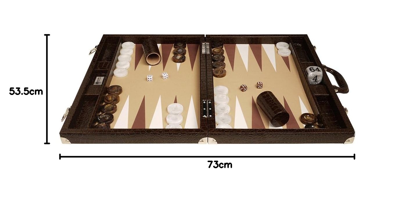 Backgammon zestaw turniejowy Gen III – profesjonalny zestaw do gry w backgammon 53 x 73 cm – luksusowa walizka w kolorze brązowym o wyglądzie krokodyla – beżowa powierzchnia do