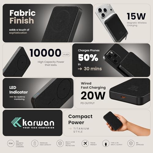 Image of KARWAN Mag-Safe 10000Mah Wireless Power Bank with Stand,20W Wired & 15W Wireless Fast Charging Powerbank with USB-C Port,Compatible with iPhone 17 /16 /15 /14 /13 /12 Series,Android & More Qi Enable Device