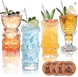 SUN GKOTTA Clear Tiki Glasses Set of 4 - Exotic Tropical Cocktail Glasses with Straws and Coasters,Hawaiian Style Tiki Mugs for cocktails,Mai Tai, Zombie and Pia Colada,Tiki Bar Drinkware.