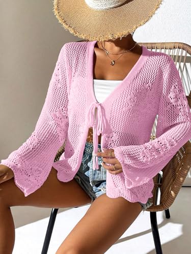 Image of Womens Tie Front Lightweight Crochet Cardigan Shrugs Knit Cardigan Crop Tops Cover Up