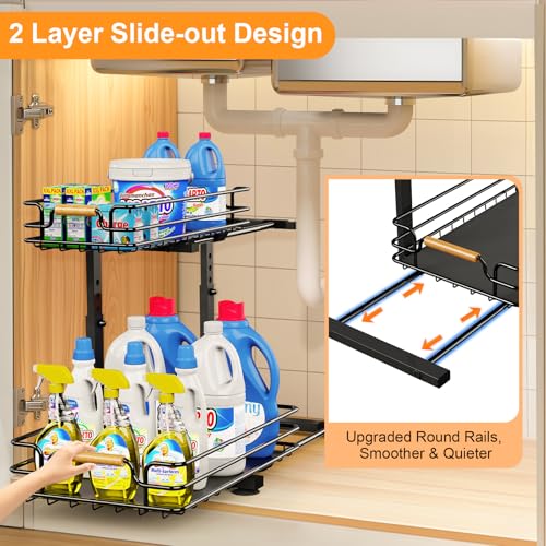 JYPS Kitchen Organiser, 2 Tier Metal Under Sink Storage Slide Out Shelf, Height Adjustable Sink Kitchen Storage - Image 2