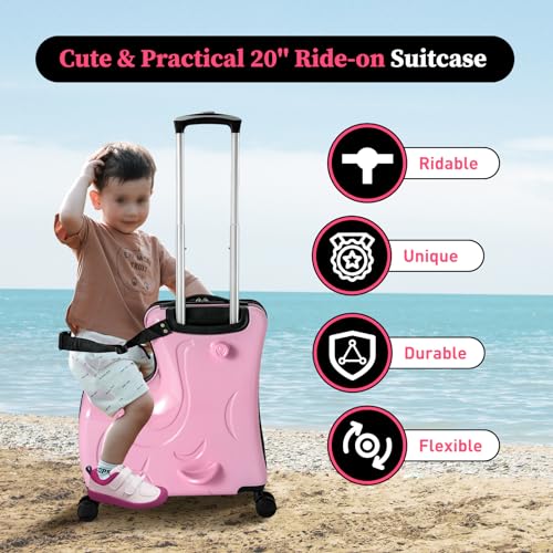 20" Kid's Ride-on Travel Suitcase, Rolling Luggage with Wheels Carry Trolley Password Lock Airplane Travel Essentials for Children's Day Gift,Festival Gift (Pink)2