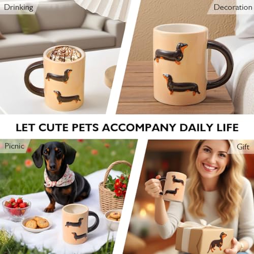 Textured Dachshund Coffee Mug, 16oz Ceramic Cup with 3D Relief Design, Beige with Black Handle Gift for Dog Lovers