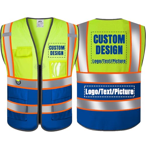 Custom Logo Mesh Safety Vest Class 2 High Visibility Reflective Vest with Pockets Breathable Construction Workwear Yellow Blue