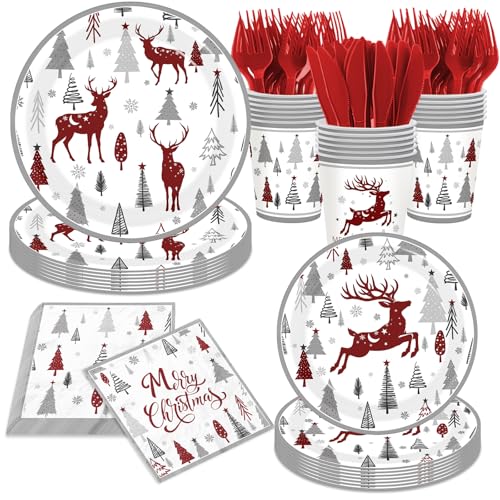 Christmas Paper Plates and Napkins,144pcs Christmas Tree Reindeer Christ mas Plates Disposable Party Set for Winter Xmas Holiday,Serves 24