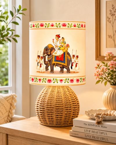 Image of Homesake Handwoven Rattan Table Lamp with Fabric Shade | Boho Bedside Lamp for Bedroom | Decorative Cane Lamp for Living Room | Warm Ambient Lighting | Raffia Round Home Decor, Rajasthani Shade