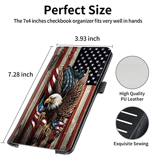 Image of FUYOCWE Checkbook Covers for Personal Checkbook,RFID Blocking Leather Check Book Covers Wallet with Pen Holder & Card Slot for Women Men, Bald Eagle with Flag, 8 x 7.3 inches, Classic