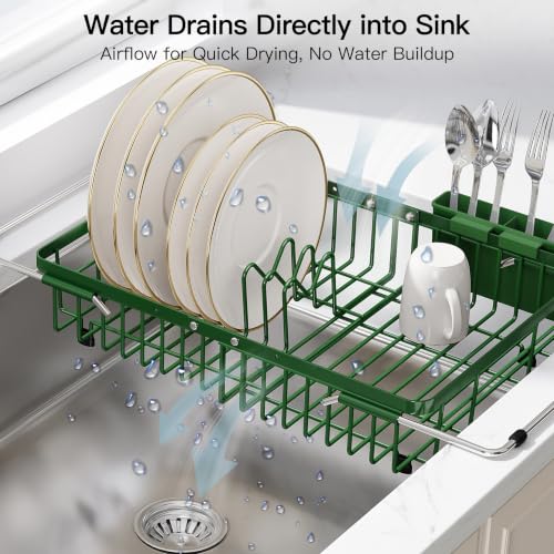 Image of JASIWAY Green Dish Drying Rack Over the Sink with Utensil Holder