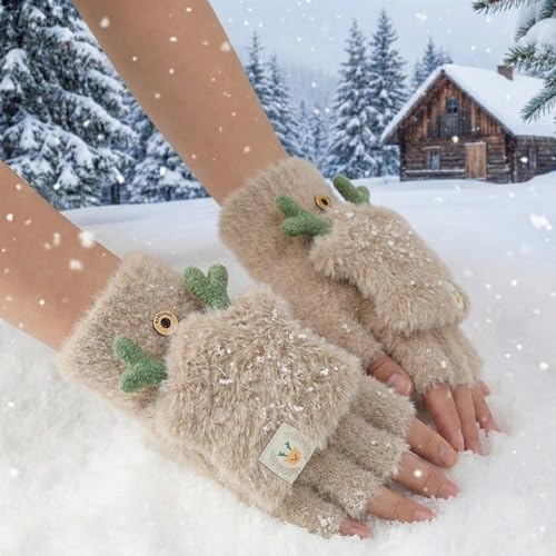 Image of Kraptick Women's Cute Reindeer Plush Convertible Fingerless Gloves - Winter Warm Fluffy Flip-Top Mittens - Korean Style Soft Hand Warmers for Girls & Ladies (Free Size, White)-3