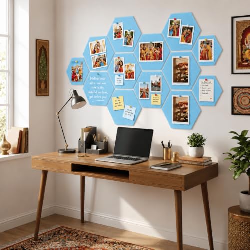 Image of Quiet Canvas Hexagon Pinboard, 1x1 ft, Pack of 8, 50 PushPins, (Blue)
