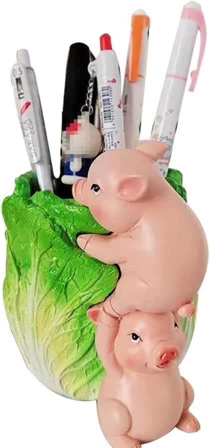Desktop Pen Pencil Holder Organizer, Resin Pig Shaped Small Storage Organizer for Office Desk Decorations