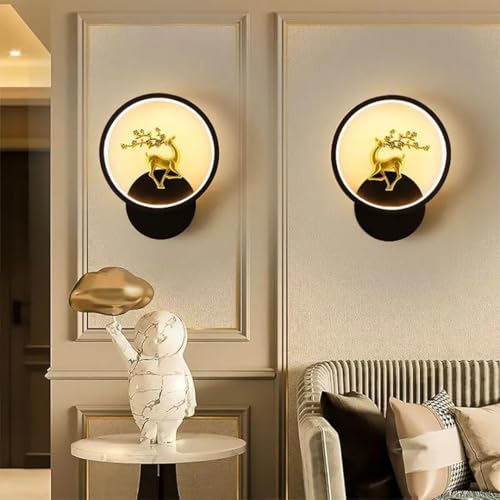 Image of fizzytech LED Deer Wall Light, Round Decorative Wall Lamp with Golden Deer Design, 3 Colour Changing Modes for Living Room, Bedroom, Hallway & Home Decor, Pack of 2