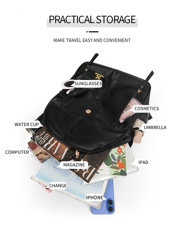 Image of H-SQUARE LuxeTech Ladies Laptop Backpack - Stylish Leather Bag with Gold Buckle, Laptop Compartment & Dual Zipper Pockets