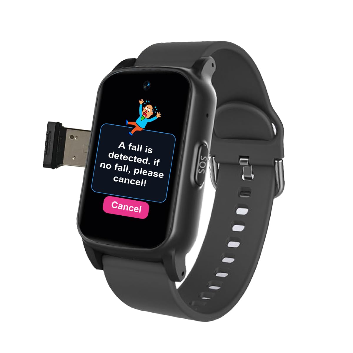 Bracelet Alarme Personne Agee, Montre d'urgence Senior avec Détecteur De Chute, Bracelet SOS Et Alarme De Chute, Tracker GPS SeniorBlack,1.25 * 0.57 * 2.22inch