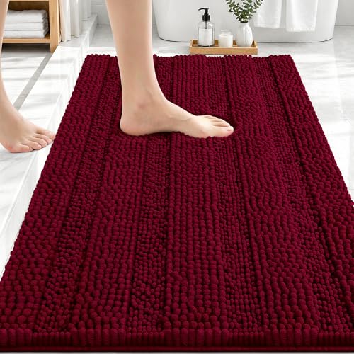 Image of OLANLY Thick Bathroom Rugs 30x20, Extra Soft Absorbent Chenille Striped Bath Rugs, Rubber Backing, Machine Wash Dry, Bath Mats for Bathroom Floor, Tub and Shower, Home Decor Accessories, Burgundy