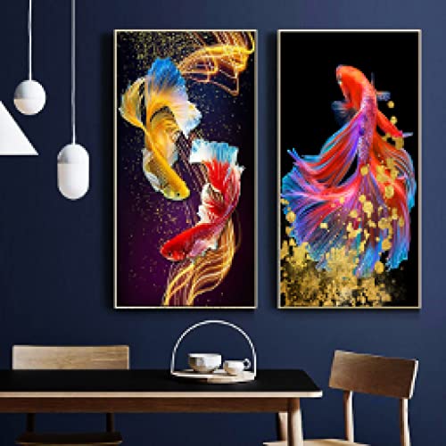 Toile peinture mur moderne or koi poisson art paysage océan pour salon 80x160cm sans cadre