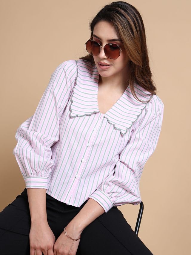 Image of Glam & Chique Women's Cotton Shirt with Scalloped Collar & Puff Sleeves XS- XL