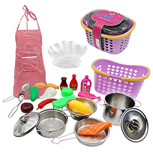Preisvergleich Produktbild DSXX Küchenspielzeug, 24 Stück Kinderküche Geschirr Kinderküche Zubehör Edelstahl Pfannenset und Schürze für Gemüse Pretend Spielzeug Rollenspiele Mädchen und Jungen