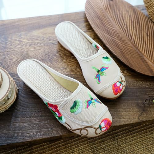 Women's Floral Embroidered Backless Flats Mules Comfortable Flats Round Toe Loafers Chinese Style Canvas Casual Slippers3