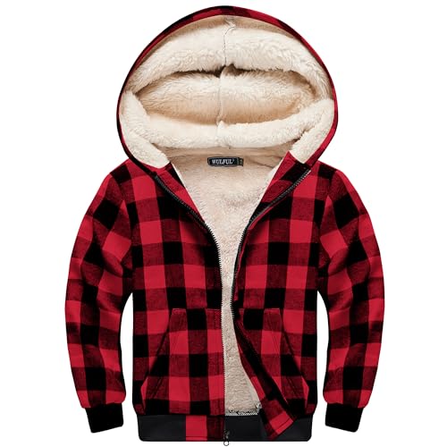 WULFUL Boys Flannel Fleece Jackets Plaid Sherpa Hoodie Zip Up Winter Coat 5-14 Years