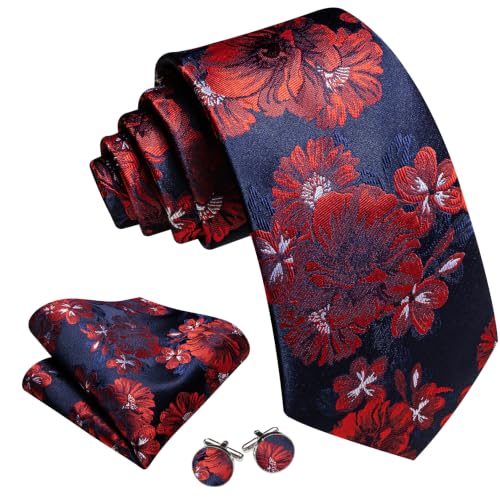 Image of Barry.Wang Flower Ties for Men Silk Woven Floral Tie Sets Necktie Handkerchief Cufflinks Wedding Party