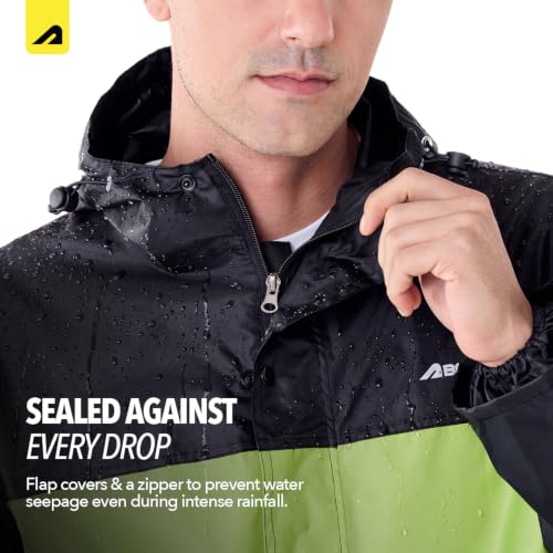 Image of Boldfit Rain Coat for Men Waterproof Raincoat Set for Women with Reflective Trim-Windproof Jacket & Pants Suit with Hood, Pockets & Breathable, Durable Fabric for Outdoor, Travel- Black Green, XL-XXL