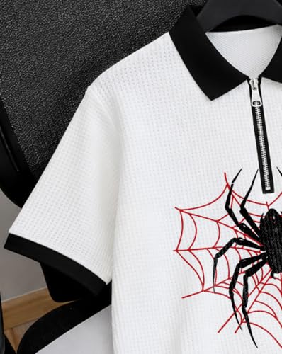 Image of AUSK Men's Spider Graphic Printed Polo T-Shirt | Cotton Blend Textured Regular Fit Half Sleeve Zip Polo Neck Casual T-Shirt for Men