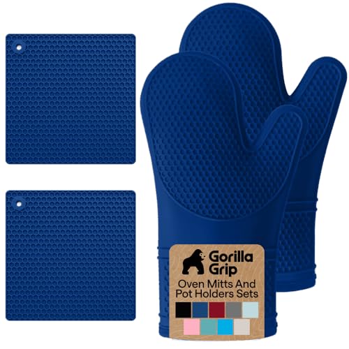 Image of GORILLA GRIP BPA-Free Soft Silicone Oven Mitts and Pot Holders Sets of 4, Heat Resistant Waterproof Cooking Gloves, Thick Cotton Lining, Flexible Gripping for Baking Grilling, Kitchen Trivets, Blue