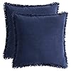 Amhoo pack of 2 linen pillow covers with tassels fringed decorative rustic natural throw pillowcase cushion for couch sofa bedroom 24 x 24 inch navy blue  urban country home decor