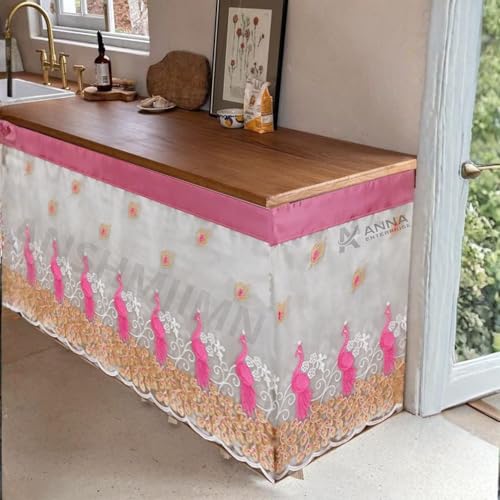 Image of Embroidered Kitchen Sink Curtain with Rod Pocket | Decorative Under Sink Cabinet Curtain | Floral & Peacock Design | Washable Fabric | Size: 150 x 71 CM (Pink, Pack of 1)