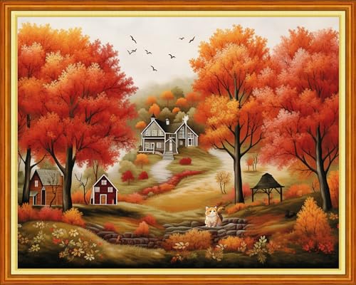 Image of Foxdiviy Stamped Cross Stitch Kits Full Range of Embroidery Needlework Starter Kits for Beginners Adults 11CT Embroidery Patterns Art Crafts DIY Needlepoint Kits-Beautiful Home 16x20 inch
