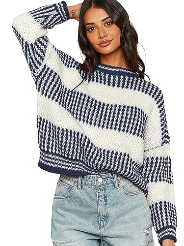 ZAFUL Womens Fashion Cropped Striped Color Block Sweaters Soft Crew Neck Loose Knit Pullover Jumper Tops Winter Long Sleeve Cute Casual Clothes Fall Outfits 2025 Trendy Navy Blue Medium