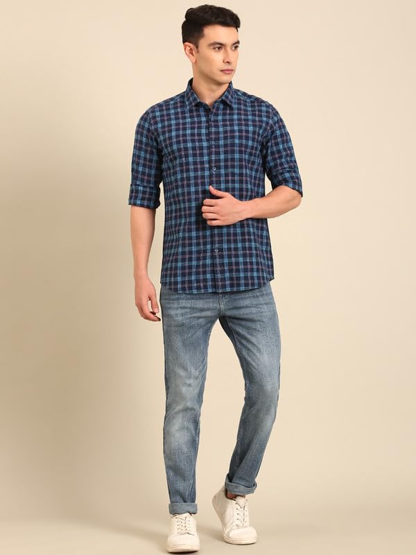 Image of Cavallo by Linen Club Men's Blended Linen Checked Contemporary Fit Full Sleeve Casual Shirt