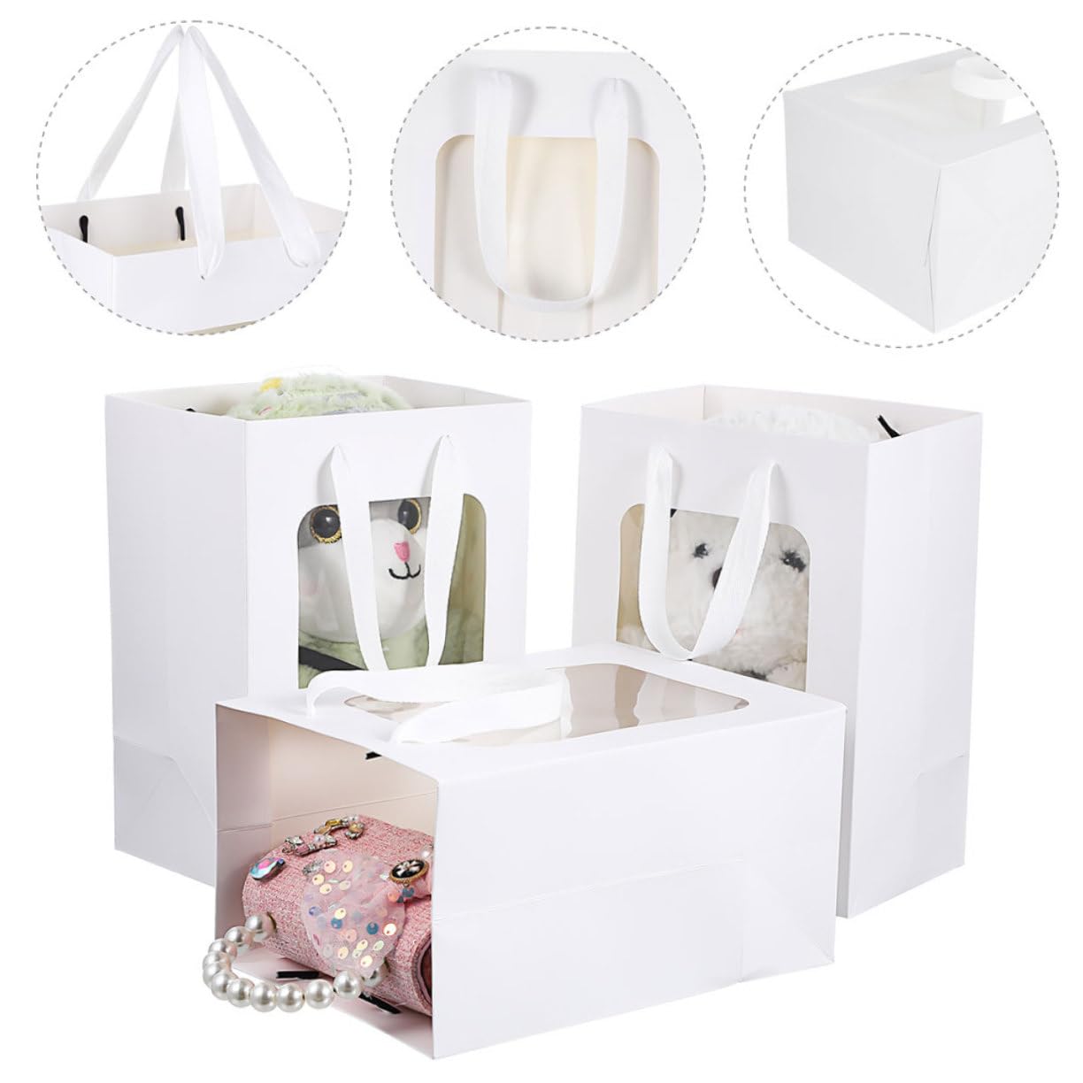 Bolsas de Obsequio Transparentes de Papel Blanco, 25 Piezas | Ventana Visible, Asas Prácticas, Formato Sencillo y Elegante para Fiesta, Flores y Recuerdos